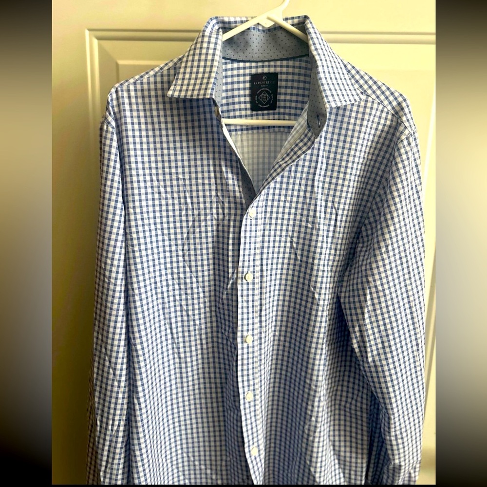 - Construct Men’s Dress Shirt Blue white stripe moisture wicking wrinkle free